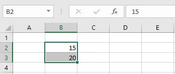 The numbers 15 and 20 entered in B2 and B3
