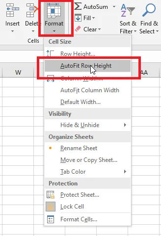 Choosing AutoFit Row Height from the Format menu