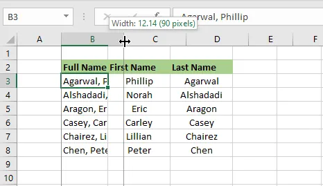 Dragging the right border of a column heading to resize it