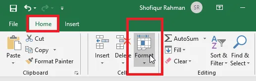 The Format button in the Cells group of the Home tab