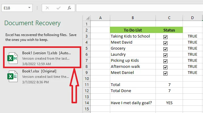 The Document Recovery pane listing recovered files after a crash