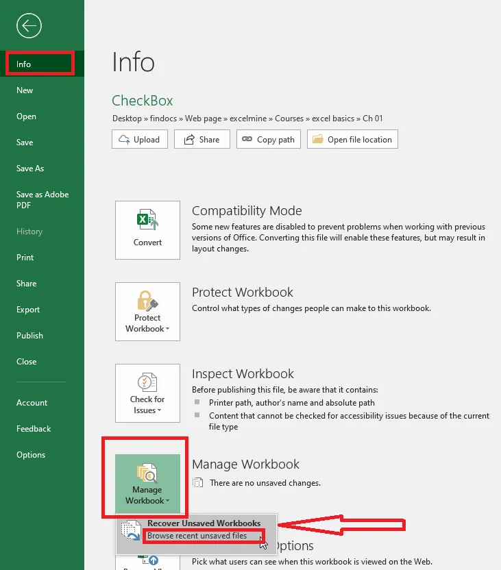 Manage Workbook on the Info screen with Recover Unsaved Workbooks