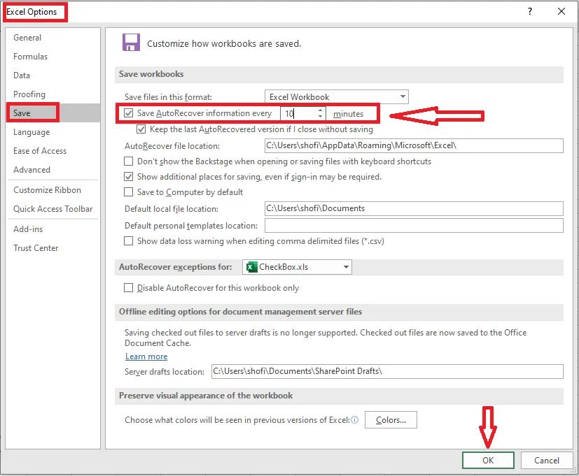 The Save options with the AutoRecover time setting