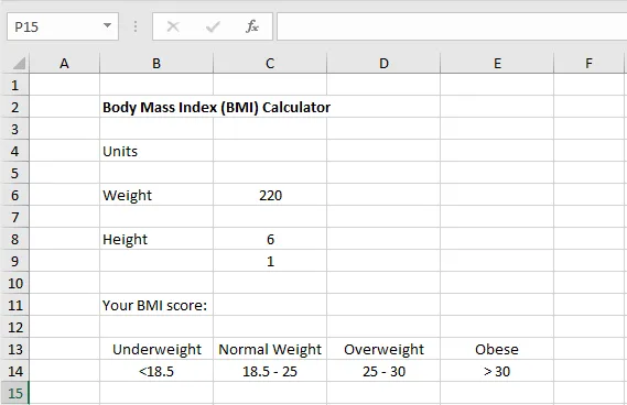 The labels for the BMI calculator