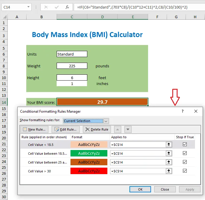 Conditional formatting rules for the BMI result