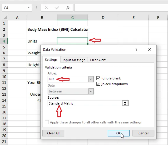The source Standard,Metric for the units list