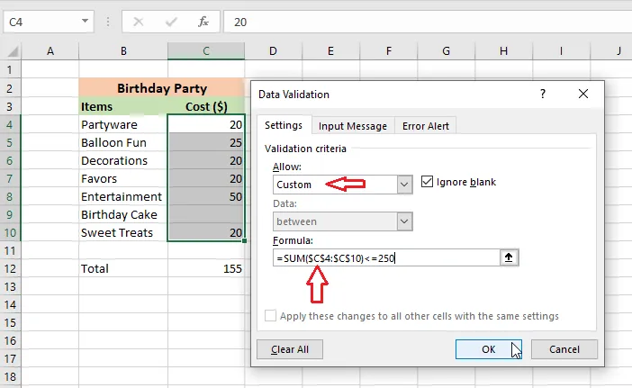 A custom rule that keeps the total at or below 250
