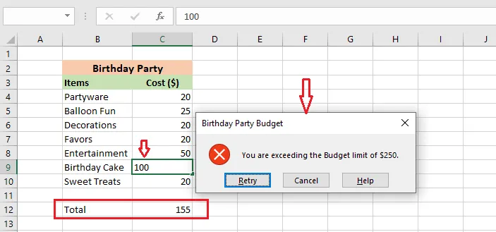 The budget error message after entering 100