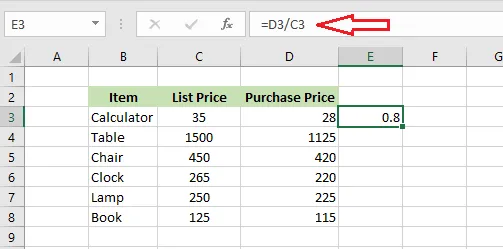 The formula =D3/C3 returning 0.8