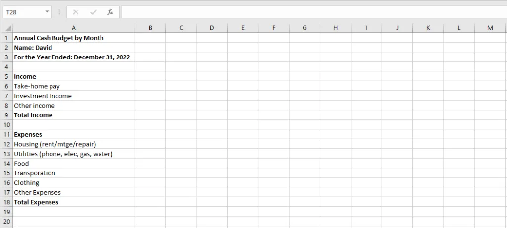 Headings with income and expense items in column A