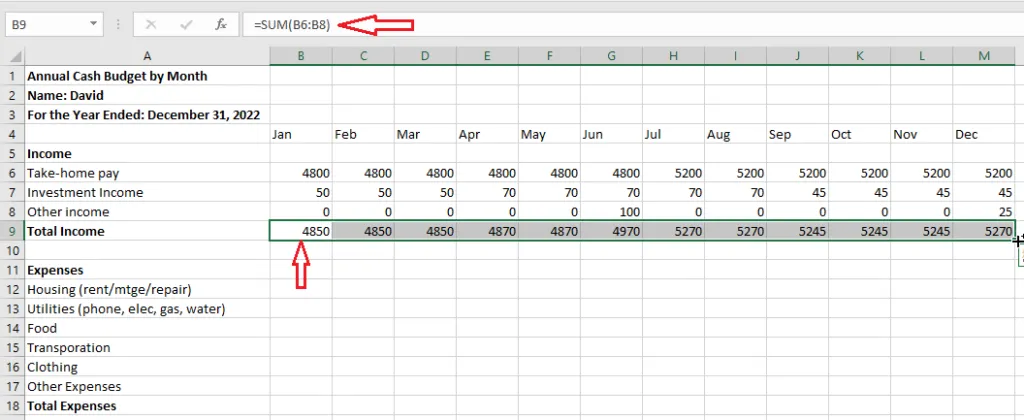 The SUM function copied across for monthly total income