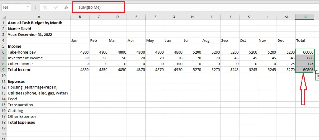 Yearly totals in column N