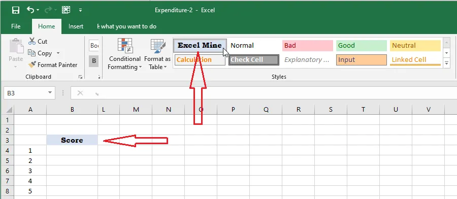The new custom style in the Cell Styles gallery applied to B3