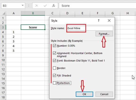 The Style dialog box with a style name and Format button