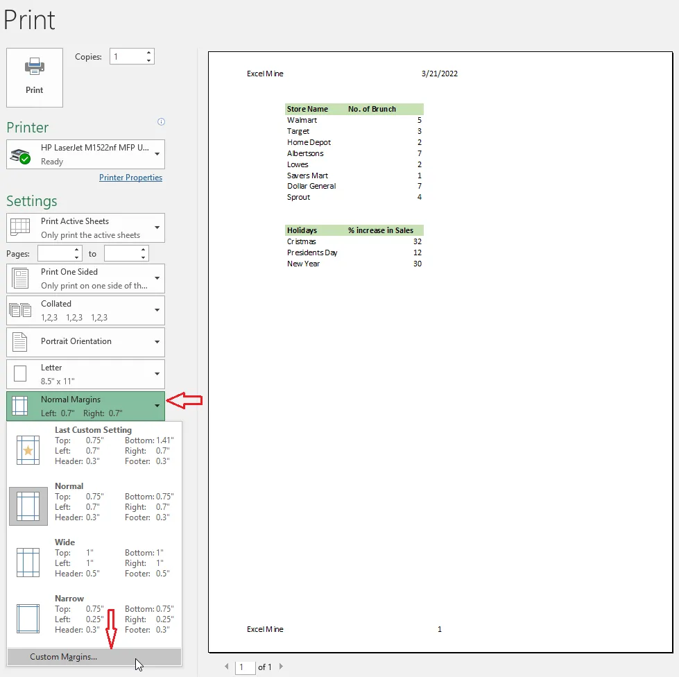 Choosing Custom Margins on the Print screen