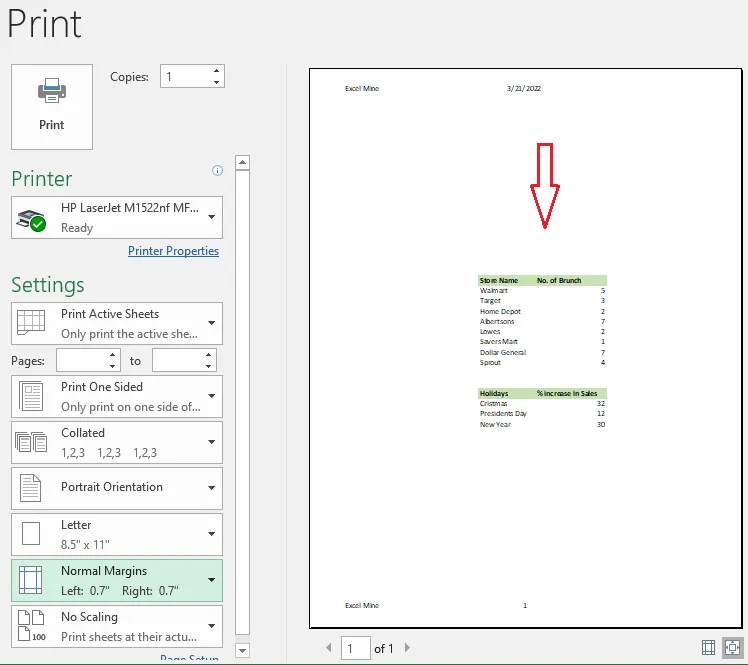 The data centered on the page in the print preview