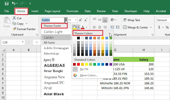 Theme colors and theme fonts shown on the Home tab