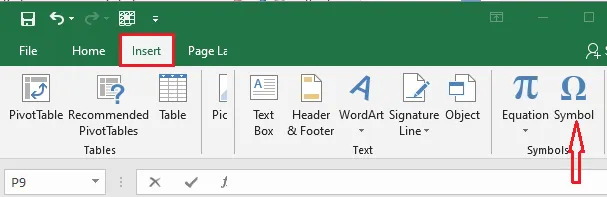 The Symbol button on the Insert tab