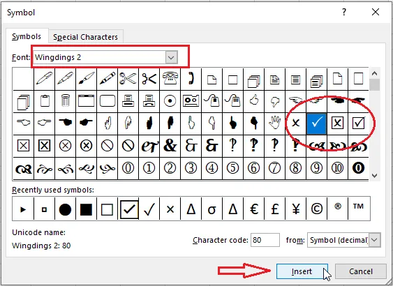 Choosing a check mark symbol from Wingdings 2