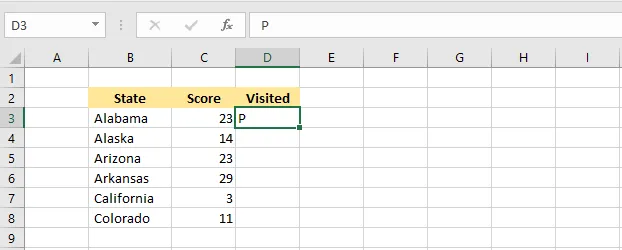 A capital P typed in cell D3