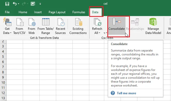 The Consolidate button on the Data tab