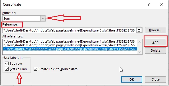 The Consolidate dialog box with three references added