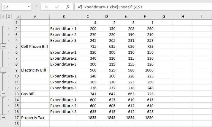The consolidated table expanded to show the source rows