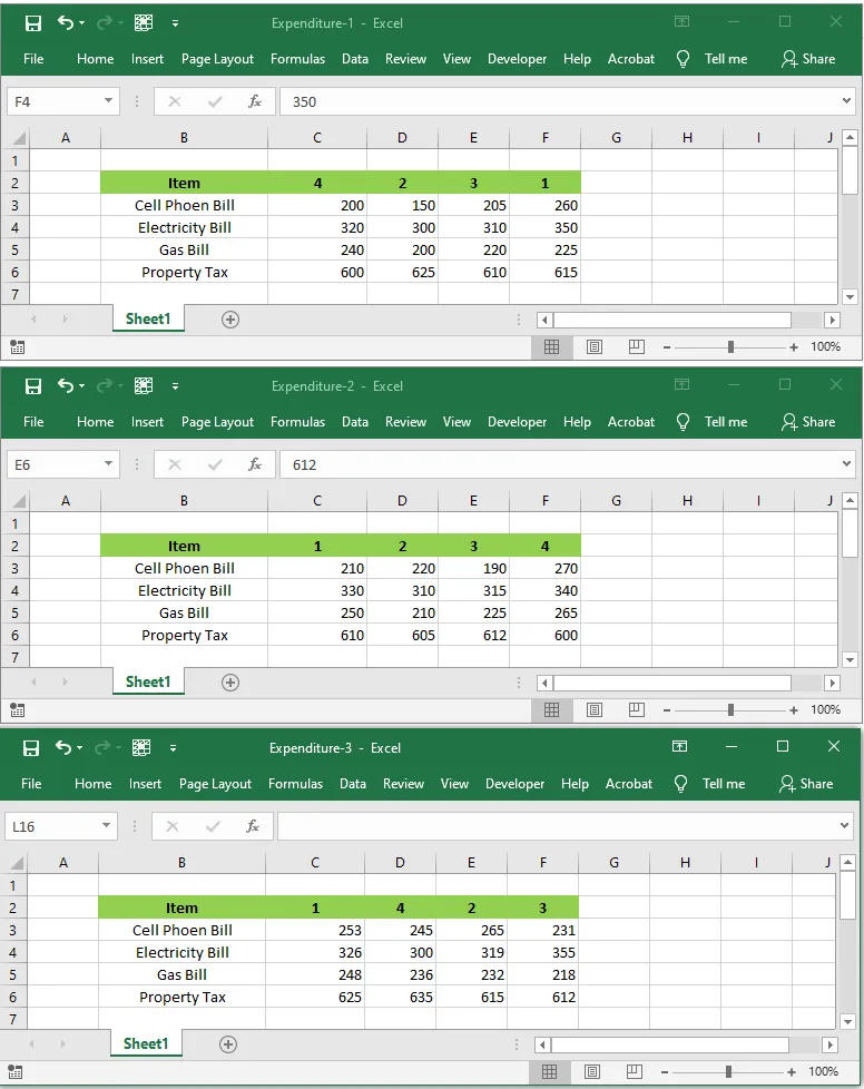 Three expenditure workbooks with columns in different orders