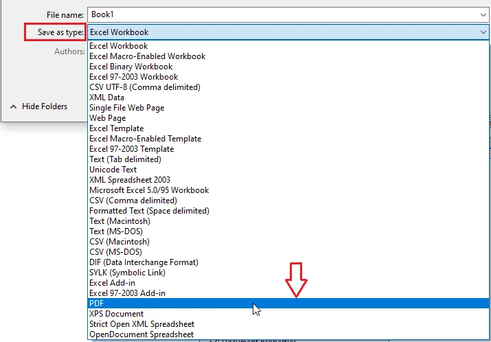 Choosing PDF as the file type