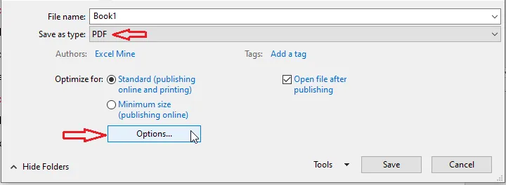 The Options button in the Save As dialog box