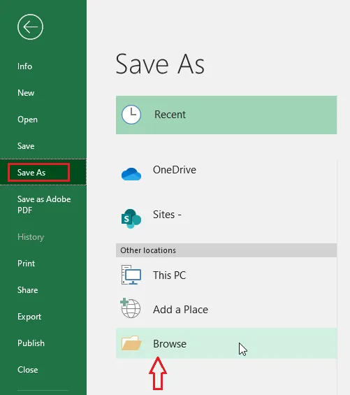 Save As > Browse on the File tab
