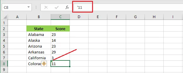A number typed with a leading apostrophe stored as text