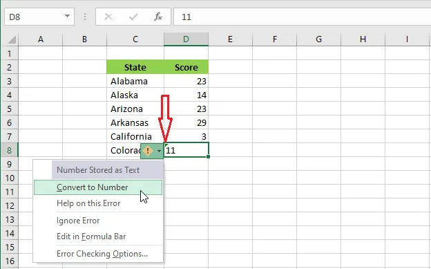 Choosing Convert to Number from the error warning