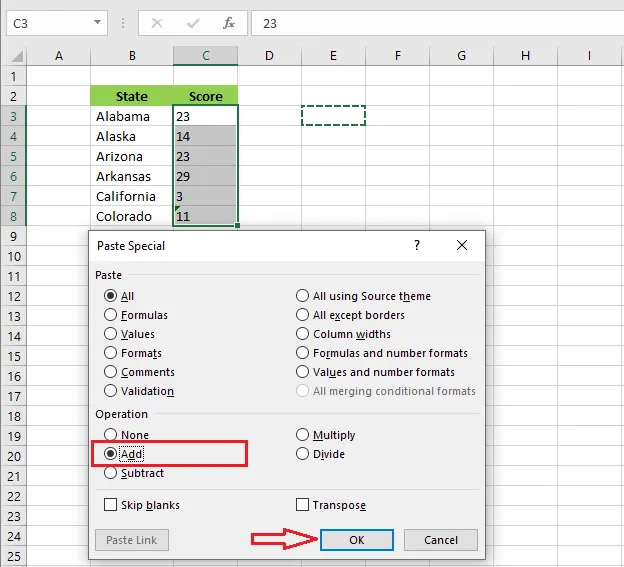 Choosing Add in the Paste Special dialog box