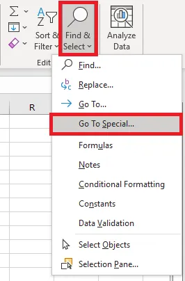 Choosing Go To Special from the Find & Select menu