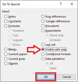 Choosing Visible cells only in the Go To Special dialog box
