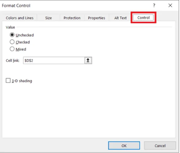 The Control tab of the Format Control dialog box
