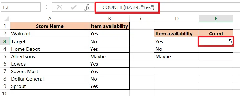 COUNTIF counting the Yes answers