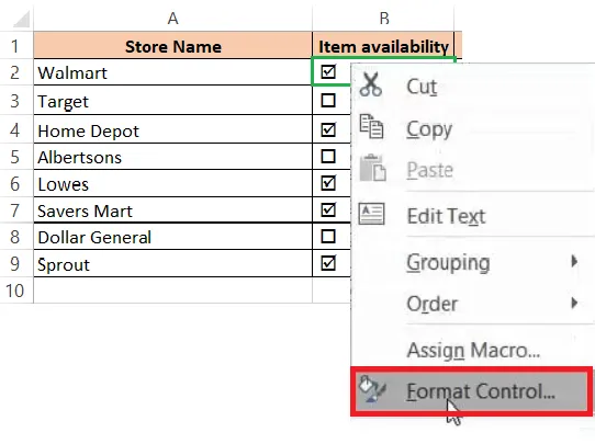 Format Control in the checkbox's right-click menu