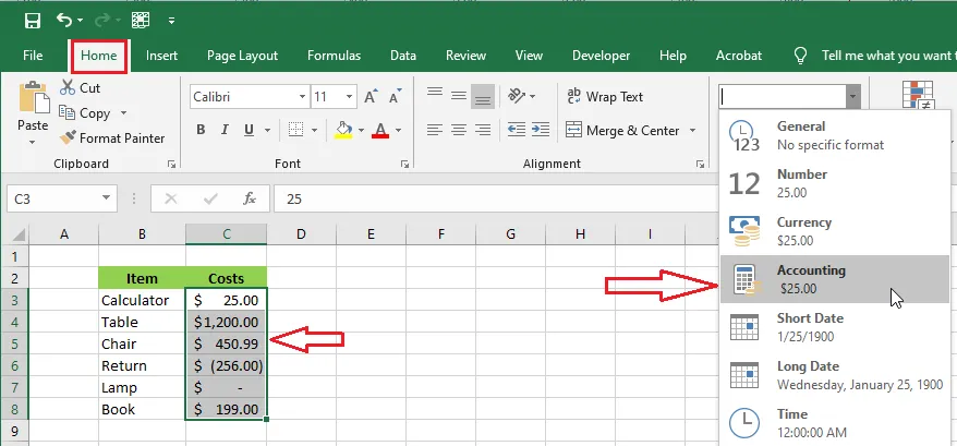 The numbers in Accounting format