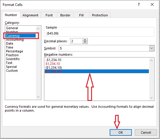 Choosing red with brackets for negative numbers