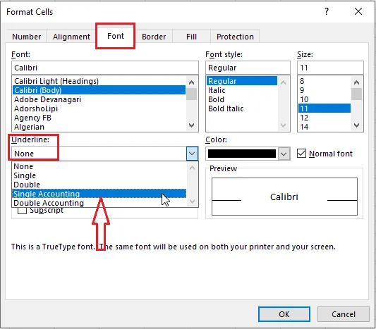 Choosing Single Accounting underline on the Font tab