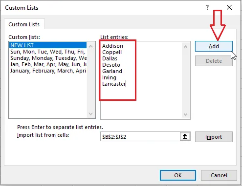 Typing new list entries and clicking Add