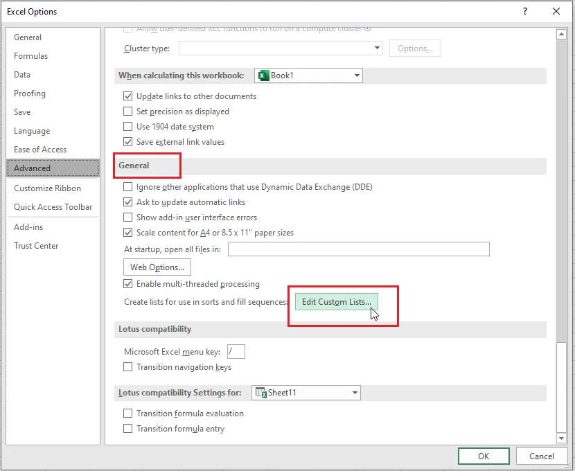 The Edit Custom Lists button in Excel Options