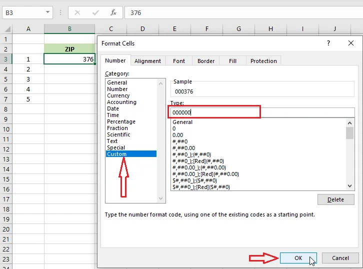 Typing 000000 as a custom number format