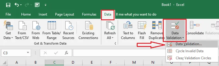 The Data Validation button on the Data tab