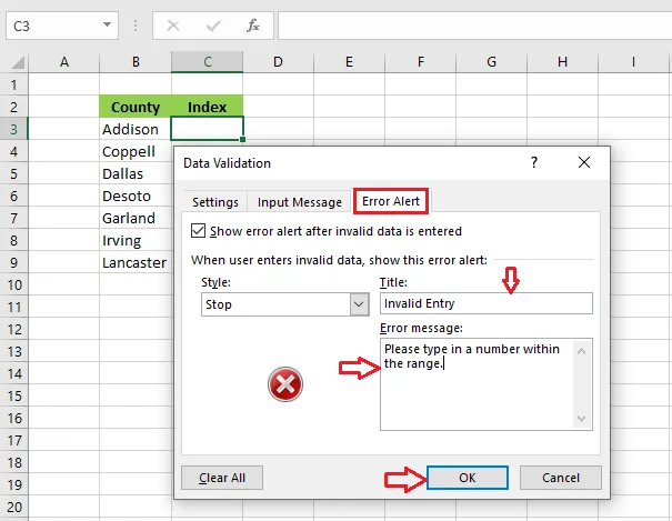 The Error Alert tab filled in