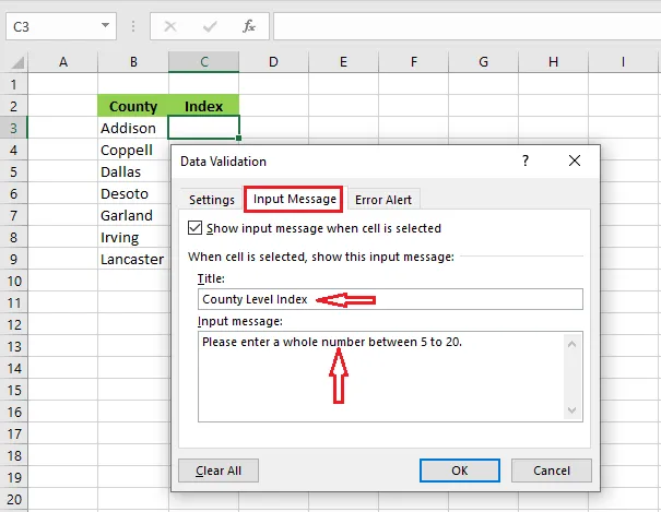 The Input Message tab filled in