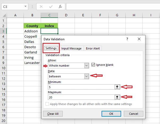 Settings for whole numbers between 5 and 20
