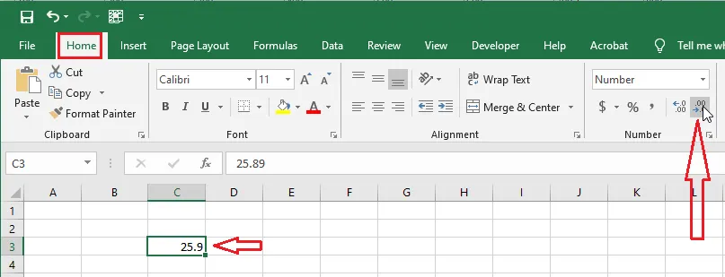 The Decrease Decimal button on the Home tab